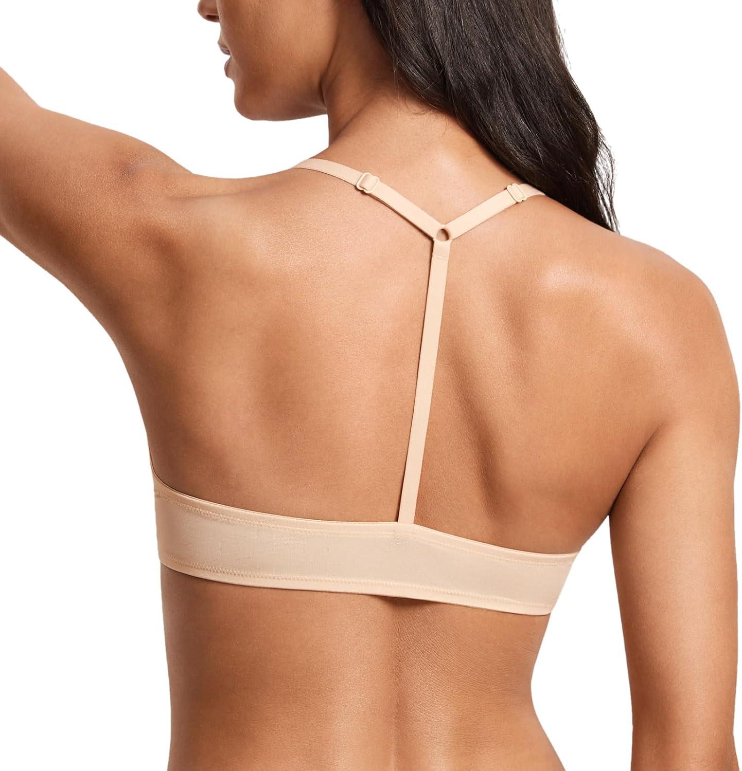 imageDOBREVA Womens Mesh Front Closure Racerback Bra Lace Trim Unlined Underwire Sexy Plunge Sheer Bras Y BackBeige Sheer Mesh