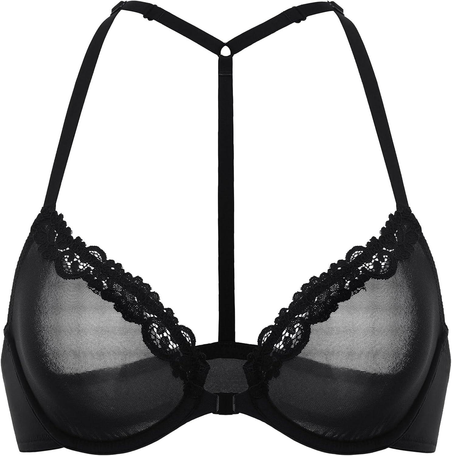 imageDOBREVA Womens Mesh Front Closure Racerback Bra Lace Trim Unlined Underwire Sexy Plunge Sheer Bras Y BackBlack Sheer Mesh