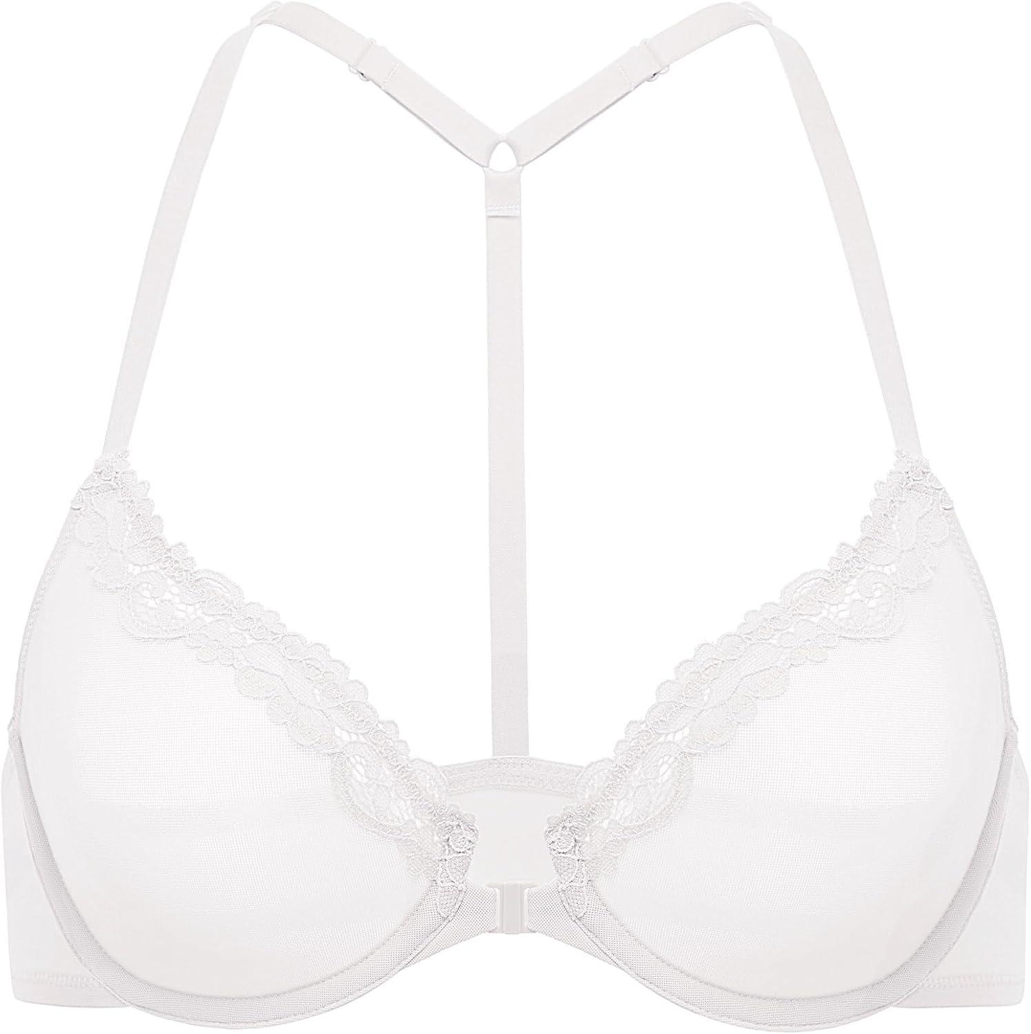imageDOBREVA Womens Mesh Front Closure Racerback Bra Lace Trim Unlined Underwire Sexy Plunge Sheer Bras Y BackWhite Sheer Mesh