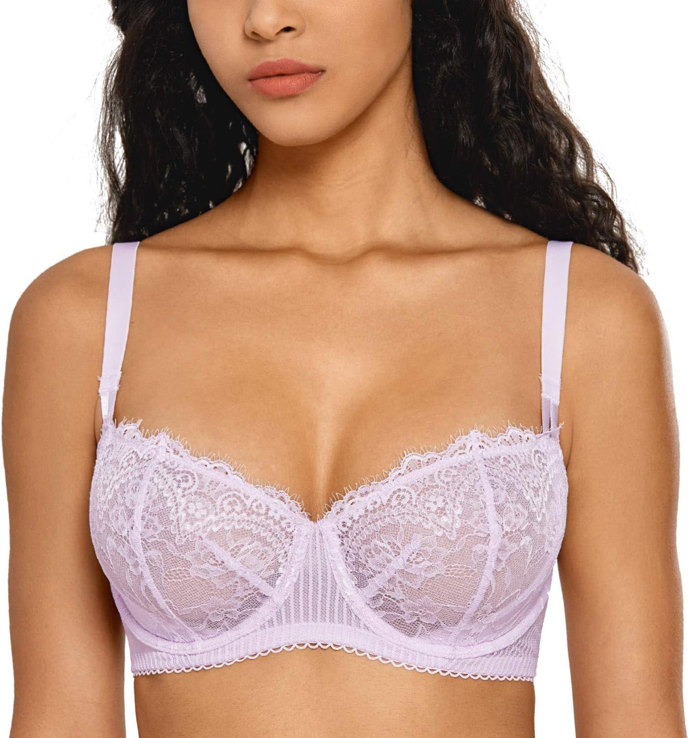 imageDOBREVA Womens Sexy Lace Push Up Plus Size Bra Sheer Balconette Underwire UnlinedLilaceyelash Lace