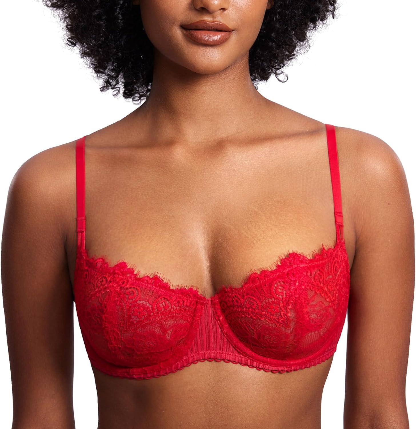 imageDOBREVA Womens Sexy Lace Push Up Plus Size Bra Sheer Balconette Underwire UnlinedLipstick Red