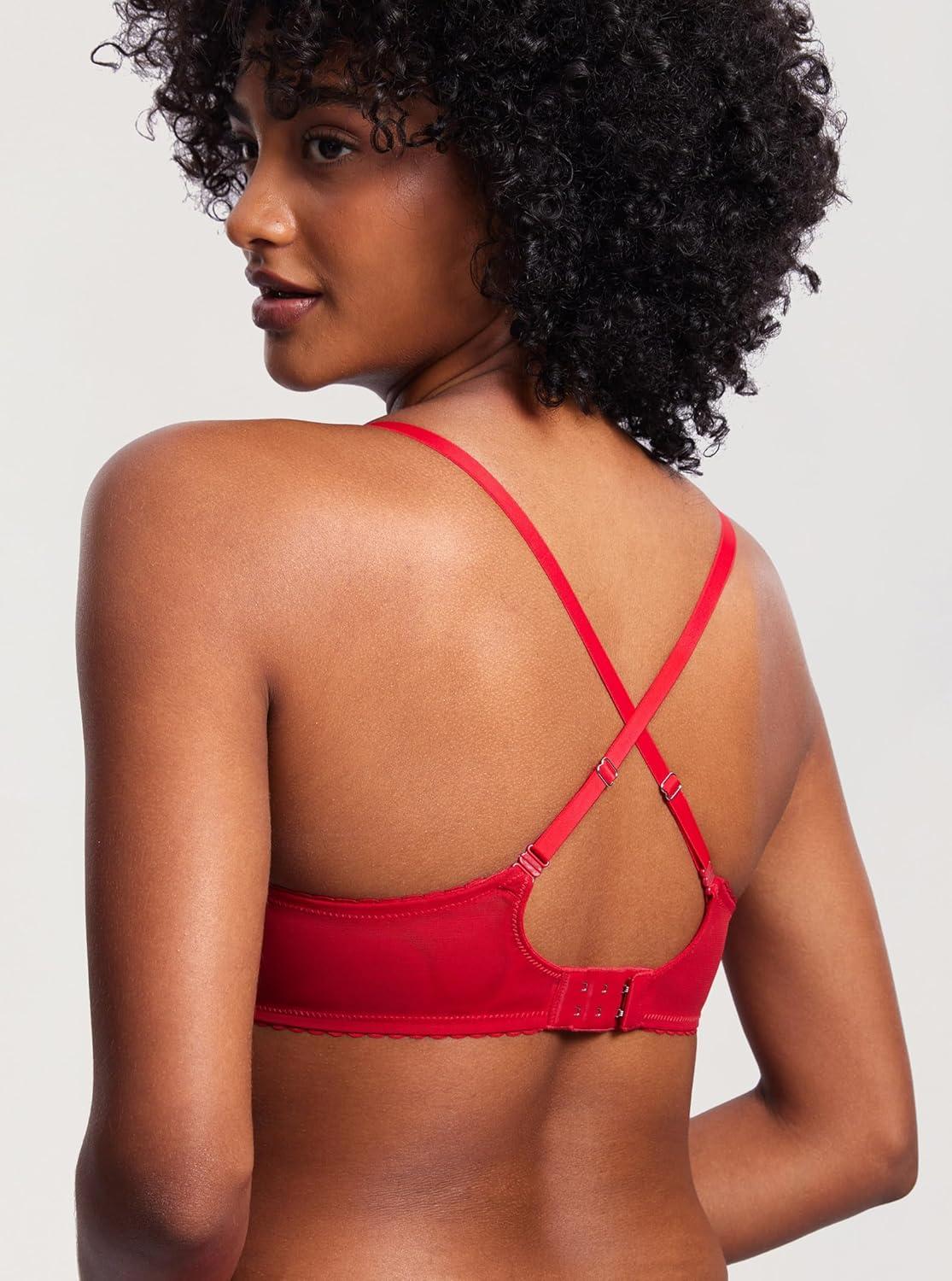 imageDOBREVA Womens Sexy Lace Push Up Plus Size Bra Sheer Balconette Underwire UnlinedLipstick Red