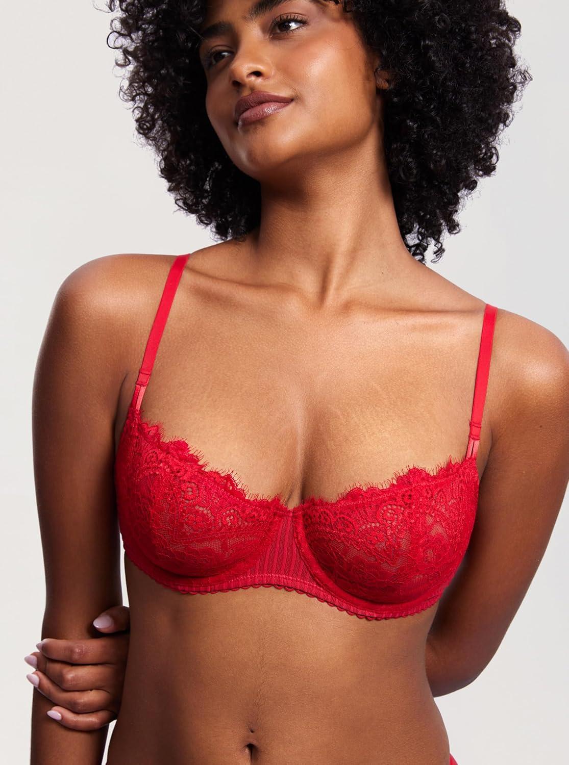 imageDOBREVA Womens Sexy Lace Push Up Plus Size Bra Sheer Balconette Underwire UnlinedLipstick Red