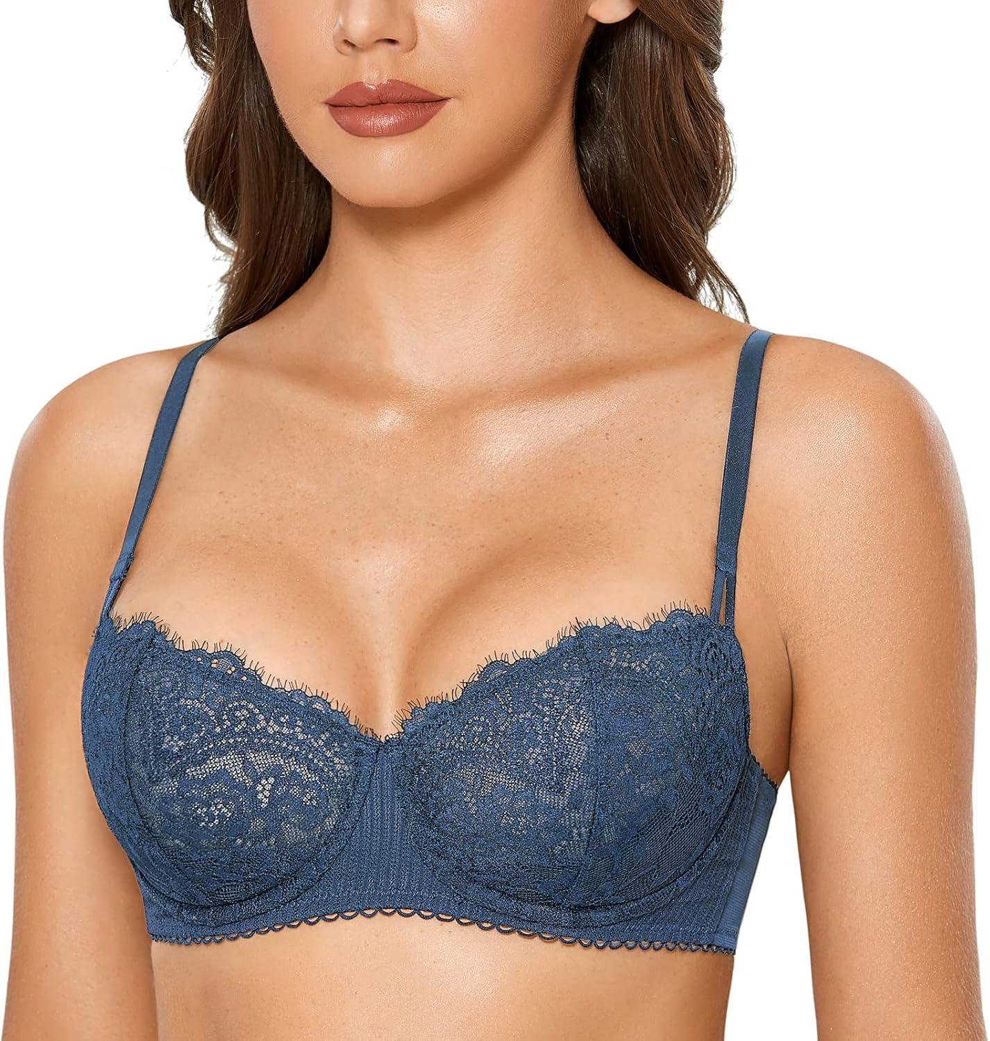 imageDOBREVA Womens Sexy Lace Push Up Plus Size Bra Sheer Balconette Underwire UnlinedMilitary Blue