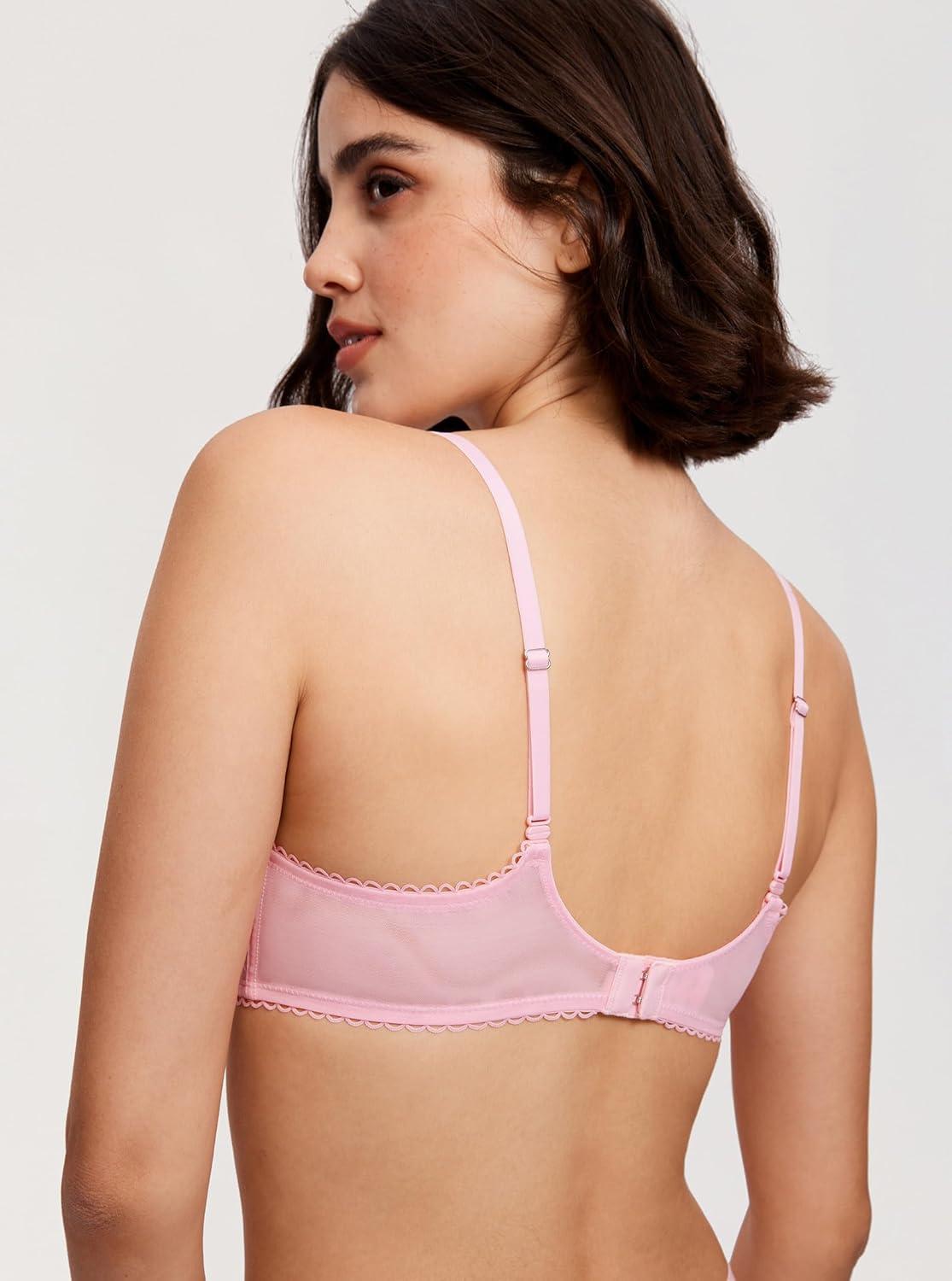 imageDOBREVA Womens Sexy Lace Push Up Plus Size Bra Sheer Balconette Underwire UnlinedPeach Pink
