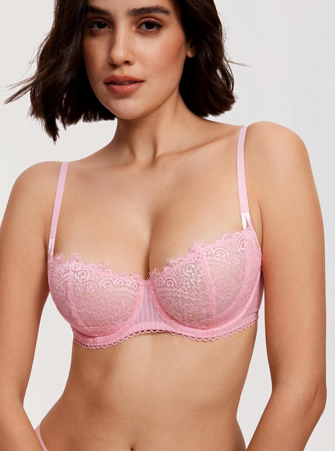 imageDOBREVA Womens Sexy Lace Push Up Plus Size Bra Sheer Balconette Underwire UnlinedPeach Pink