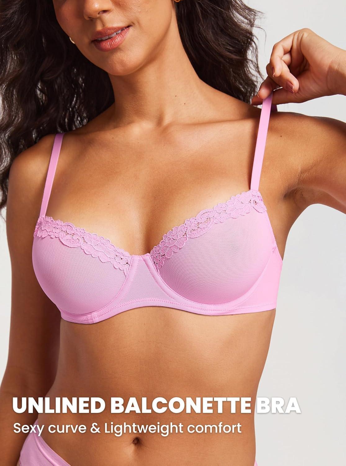imageDOBREVA Womens Sheer Mesh Balconette Bra Sexy Unlined Demi Underwire Bras Lace Plus SizeBarbie Powder