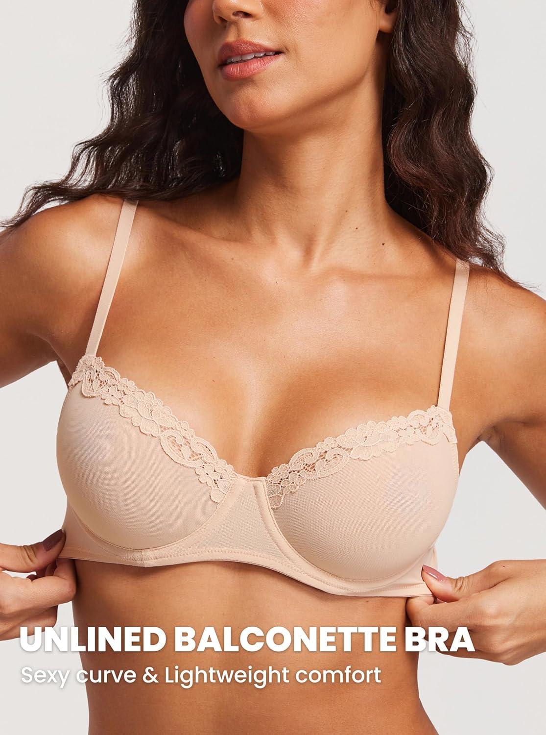 imageDOBREVA Womens Sheer Mesh Balconette Bra Sexy Unlined Demi Underwire Bras Lace Plus SizeBeige
