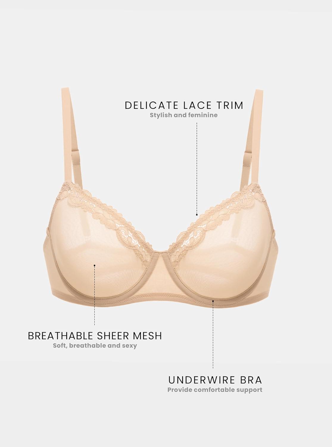 imageDOBREVA Womens Sheer Mesh Balconette Bra Sexy Unlined Demi Underwire Bras Lace Plus SizeBeige