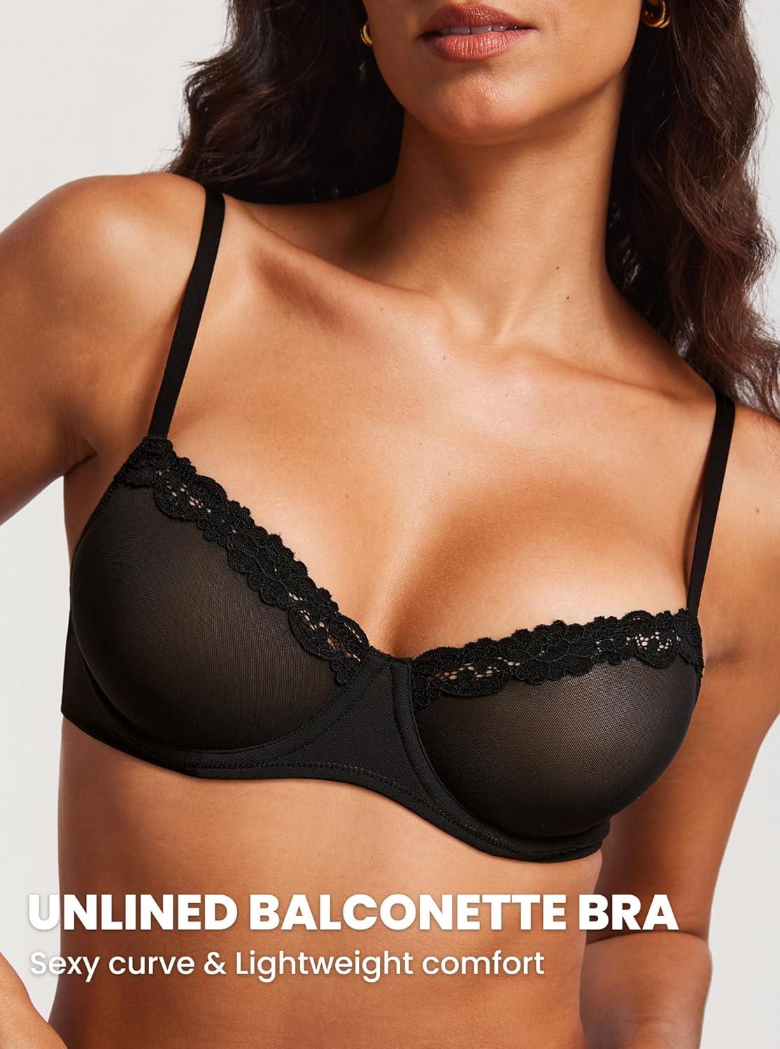 imageDOBREVA Womens Sheer Mesh Balconette Bra Sexy Unlined Demi Underwire Bras Lace Plus SizeBlack