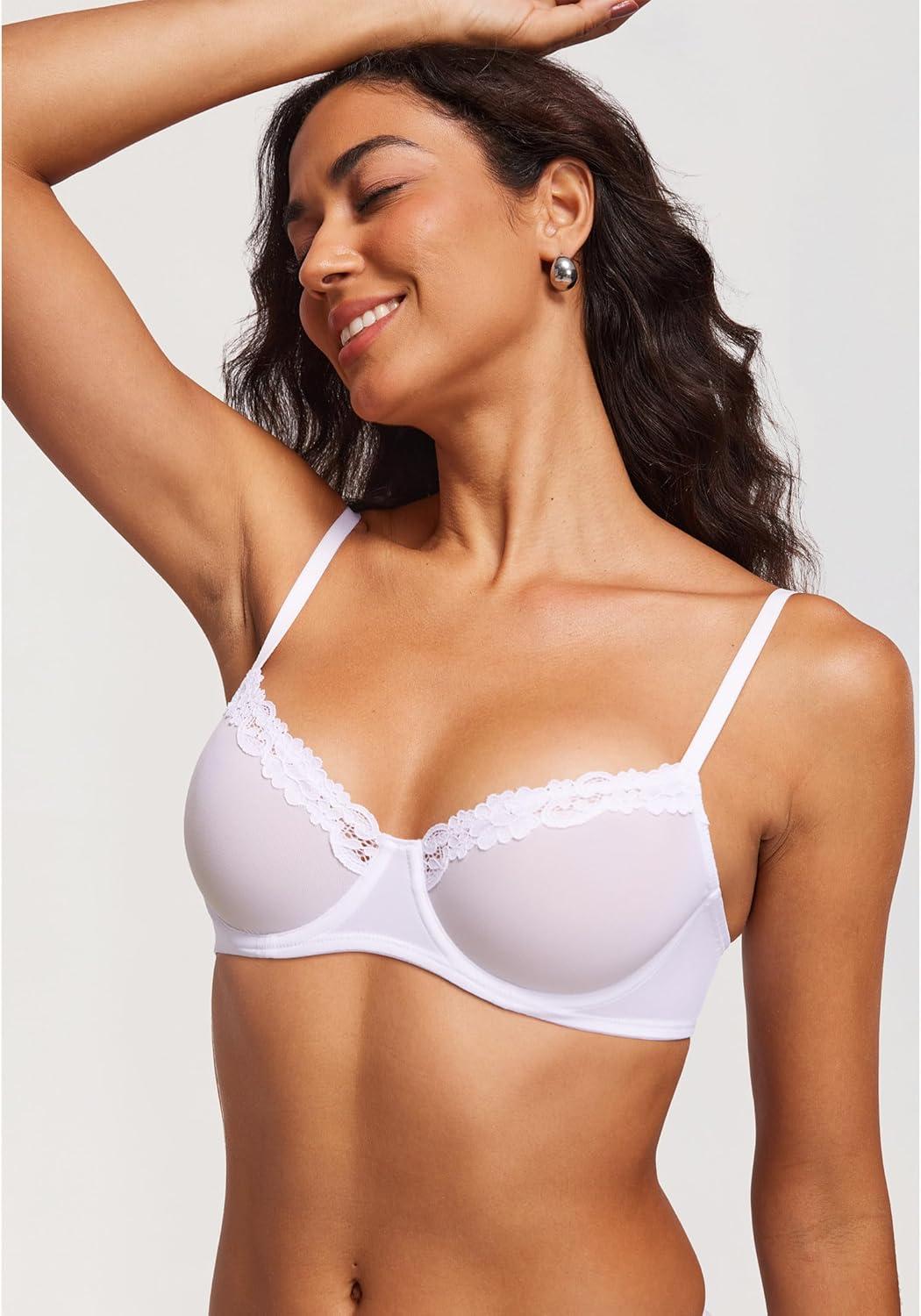 imageDOBREVA Womens Sheer Mesh Balconette Bra Sexy Unlined Demi Underwire Bras Lace Plus SizeWhite