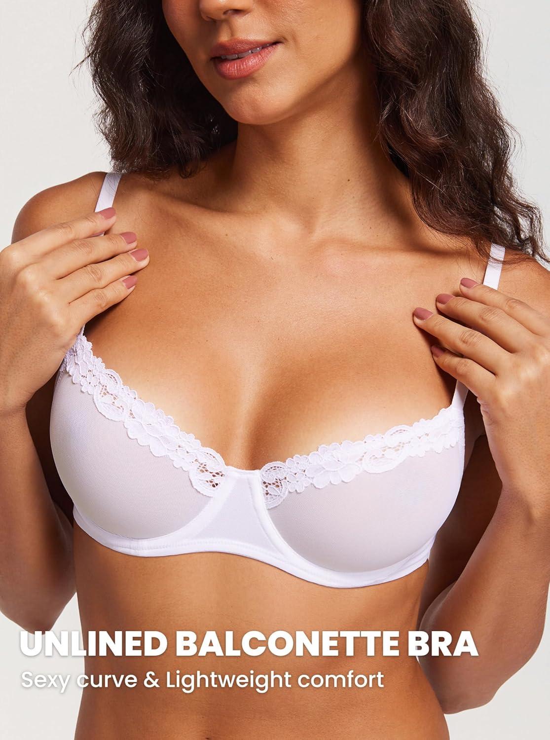 imageDOBREVA Womens Sheer Mesh Balconette Bra Sexy Unlined Demi Underwire Bras Lace Plus SizeWhite