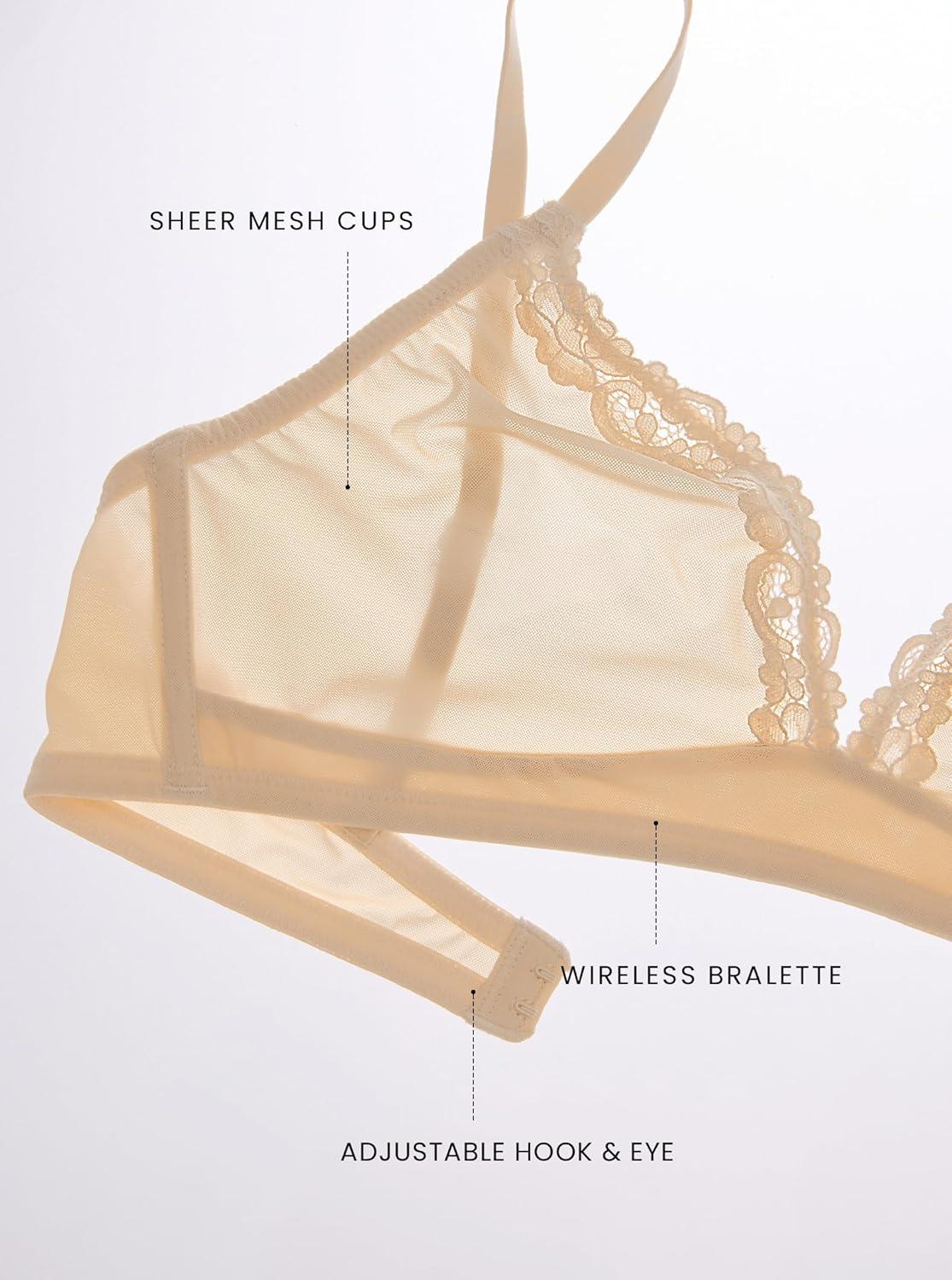 imageDOBREVA Womens Triangle Mesh Bralette Sexy Sheer Plunge Wireless Bra Lace TrimBeige