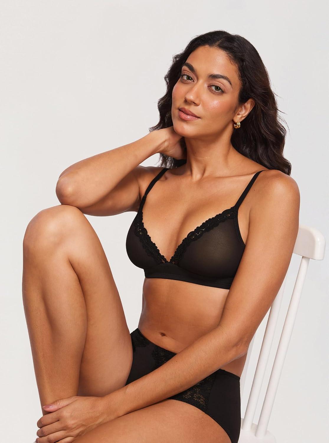 imageDOBREVA Womens Triangle Mesh Bralette Sexy Sheer Plunge Wireless Bra Lace TrimBlack