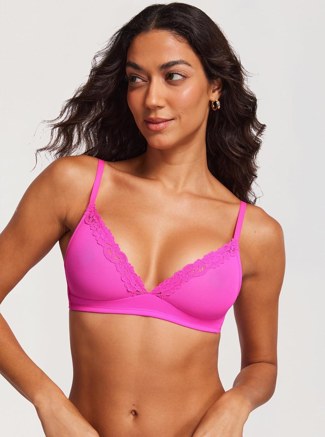 imageDOBREVA Womens Triangle Mesh Bralette Sexy Sheer Plunge Wireless Bra Lace TrimGlitter Rose