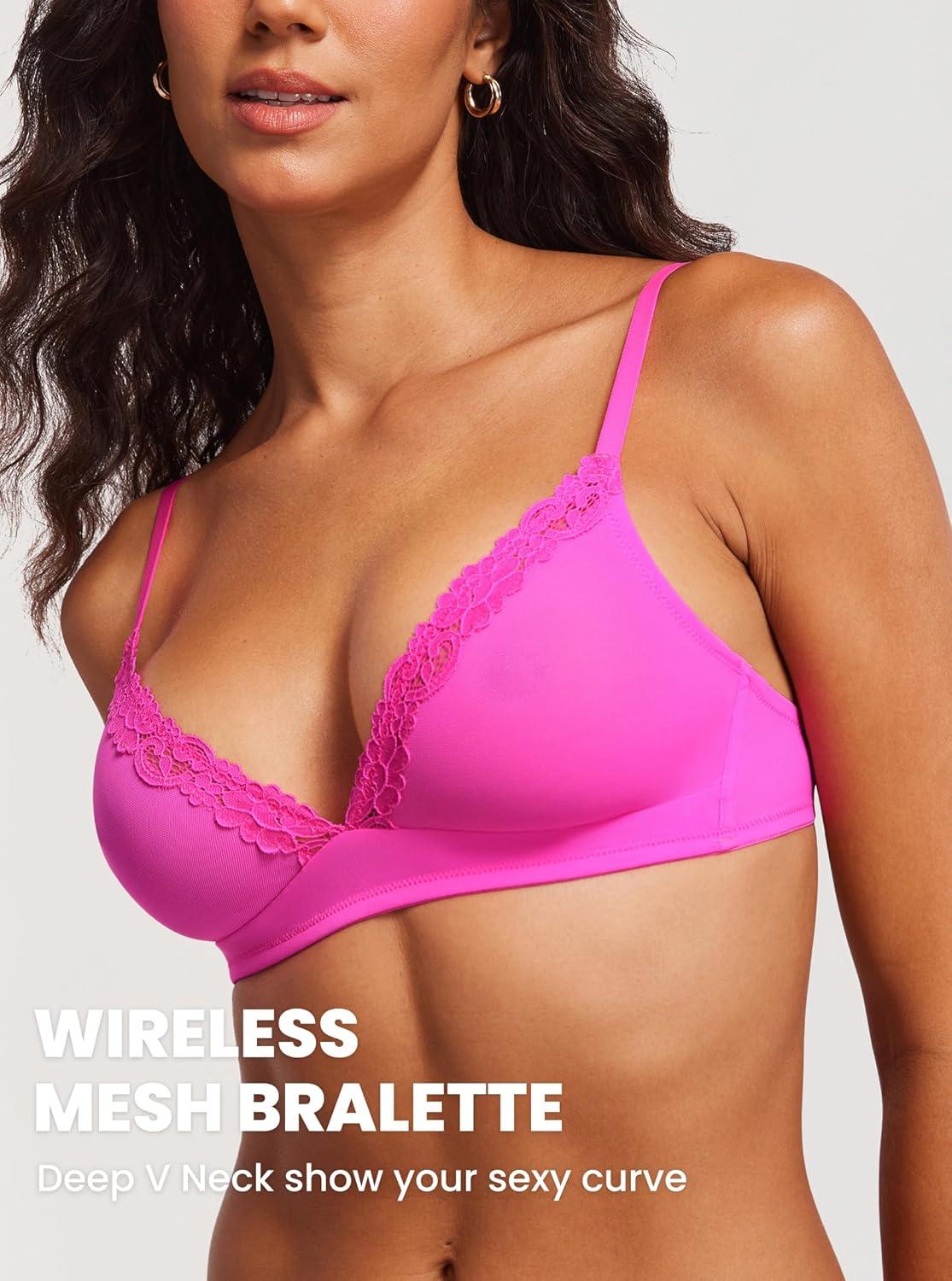 imageDOBREVA Womens Triangle Mesh Bralette Sexy Sheer Plunge Wireless Bra Lace TrimGlitter Rose