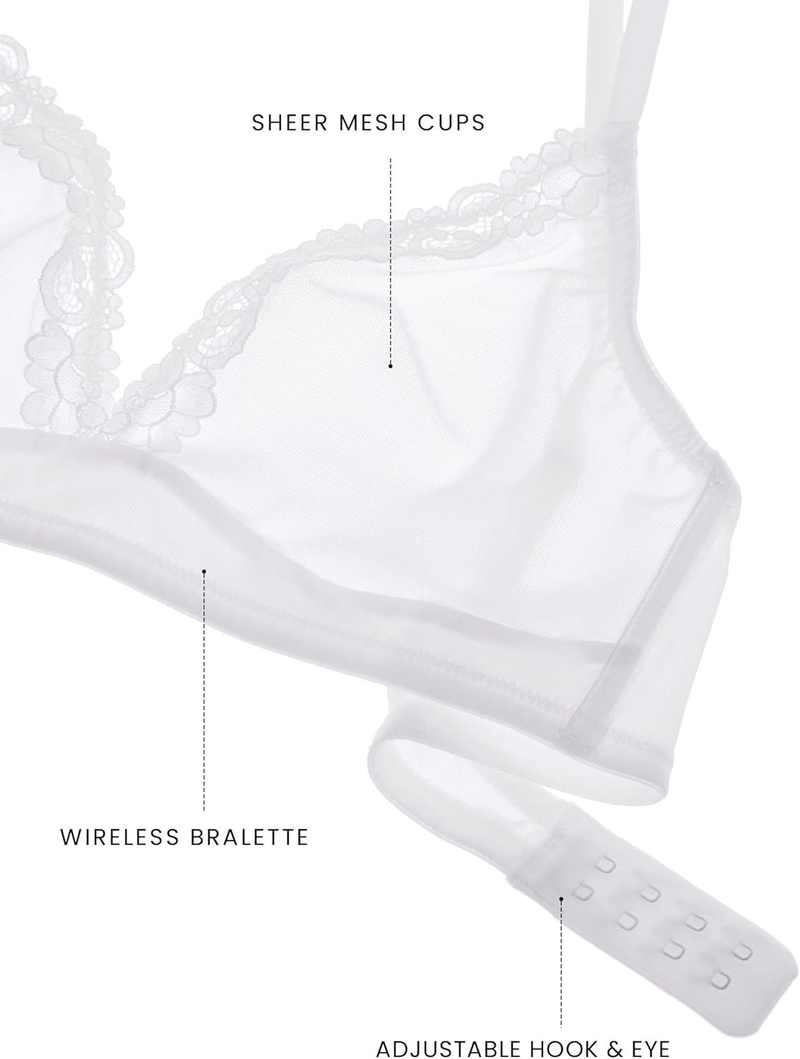 imageDOBREVA Womens Triangle Mesh Bralette Sexy Sheer Plunge Wireless Bra Lace TrimWhite