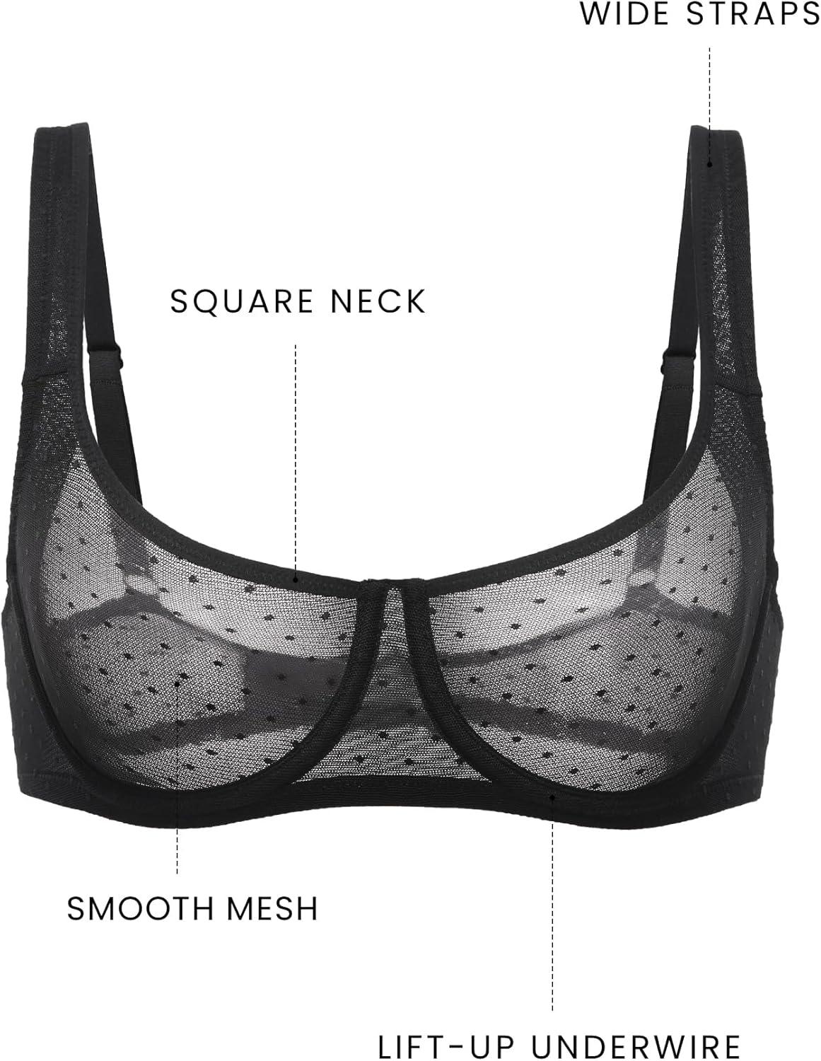imageDOBREVA Womens Unlined Balconette Mesh Bra Square Neck Sheer See Through Underwire Bras Plus SizeBlack