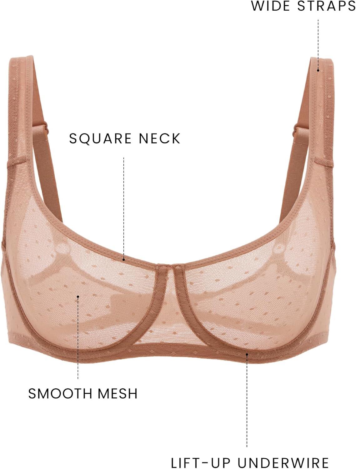 imageDOBREVA Womens Unlined Balconette Mesh Bra Square Neck Sheer See Through Underwire Bras Plus SizeCream Coffee