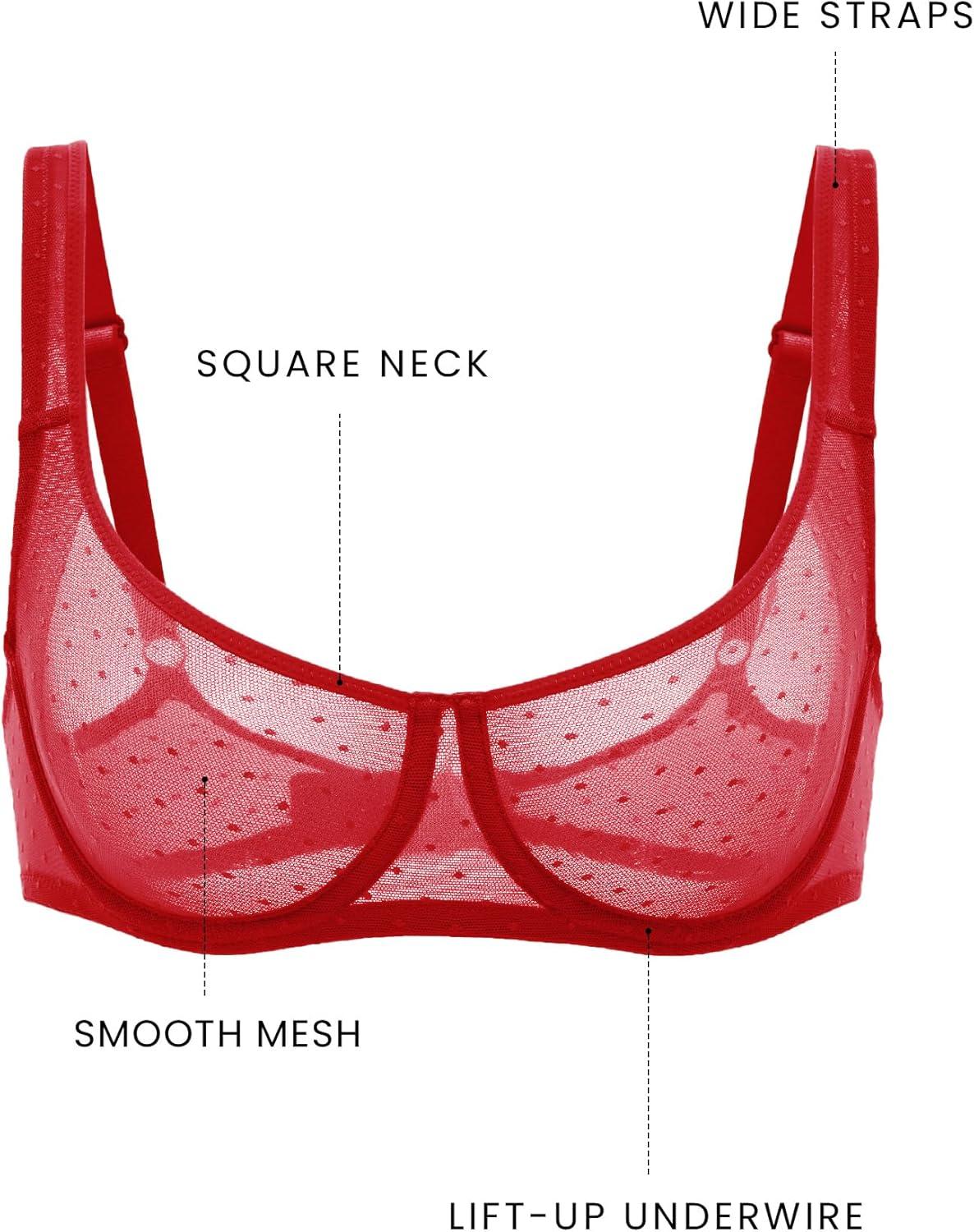 imageDOBREVA Womens Unlined Balconette Mesh Bra Square Neck Sheer See Through Underwire Bras Plus SizeLipstick Red
