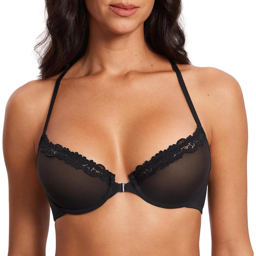imageDOBREVA Womens Mesh Front Closure Racerback Bra Lace Trim Unlined Underwire Sexy Plunge Sheer Bras Y BackBlack  Sheer Mesh
