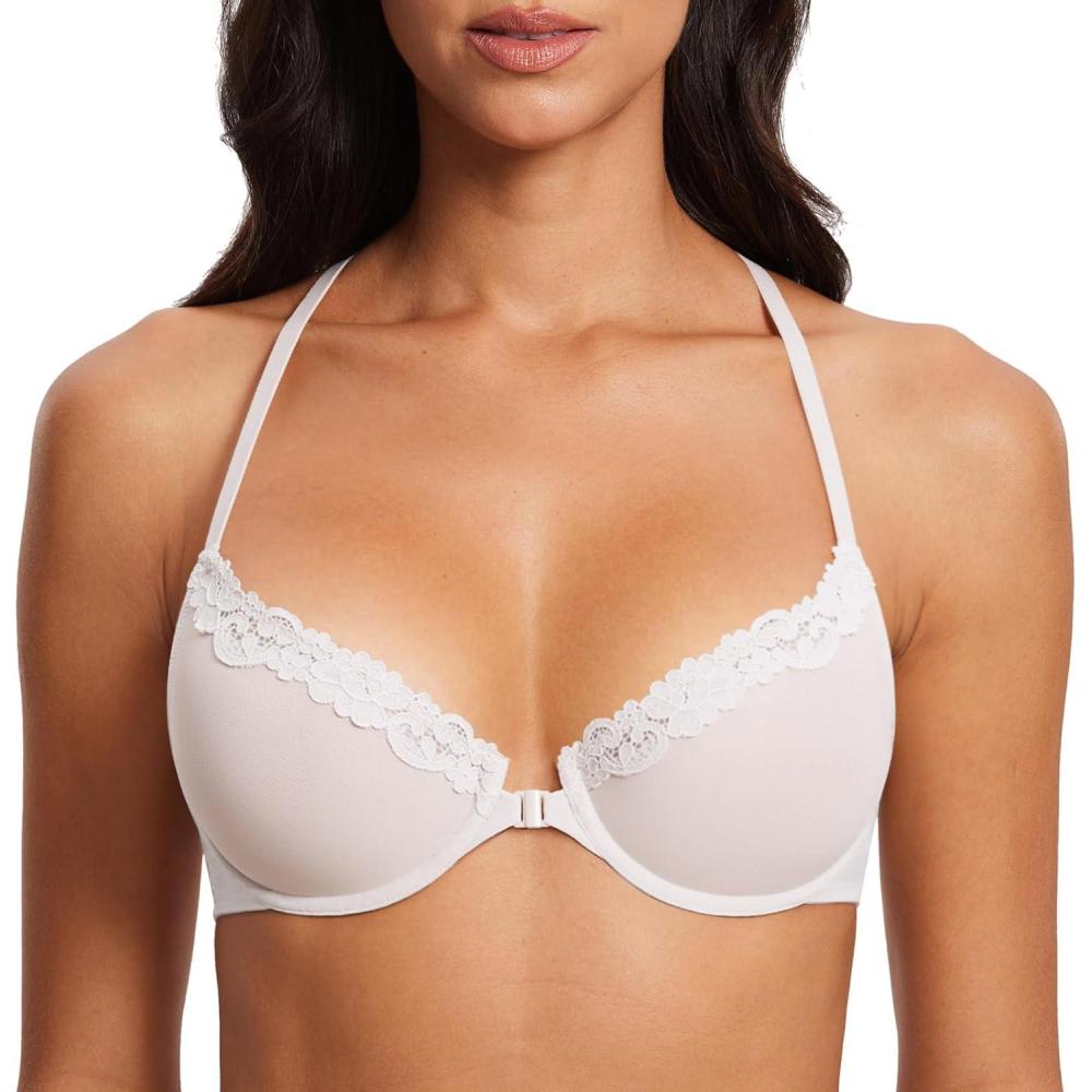 imageDOBREVA Womens Mesh Front Closure Racerback Bra Lace Trim Unlined Underwire Sexy Plunge Sheer Bras Y BackWhite  Sheer Mesh