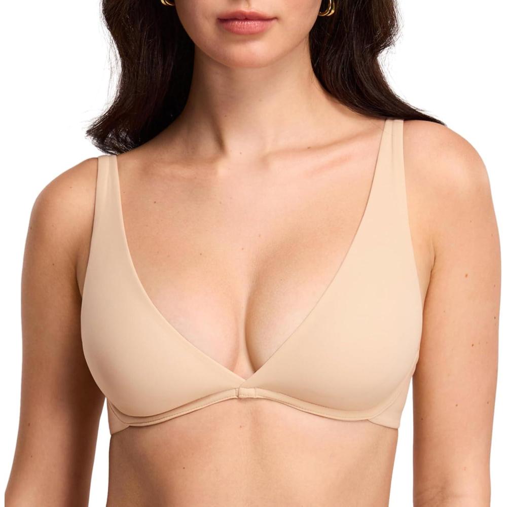 imageDOBREVA Womens Plunge Plus Size Unlined Bra Seamless Deep V Underwire Lounge Bras ComfortableBeige