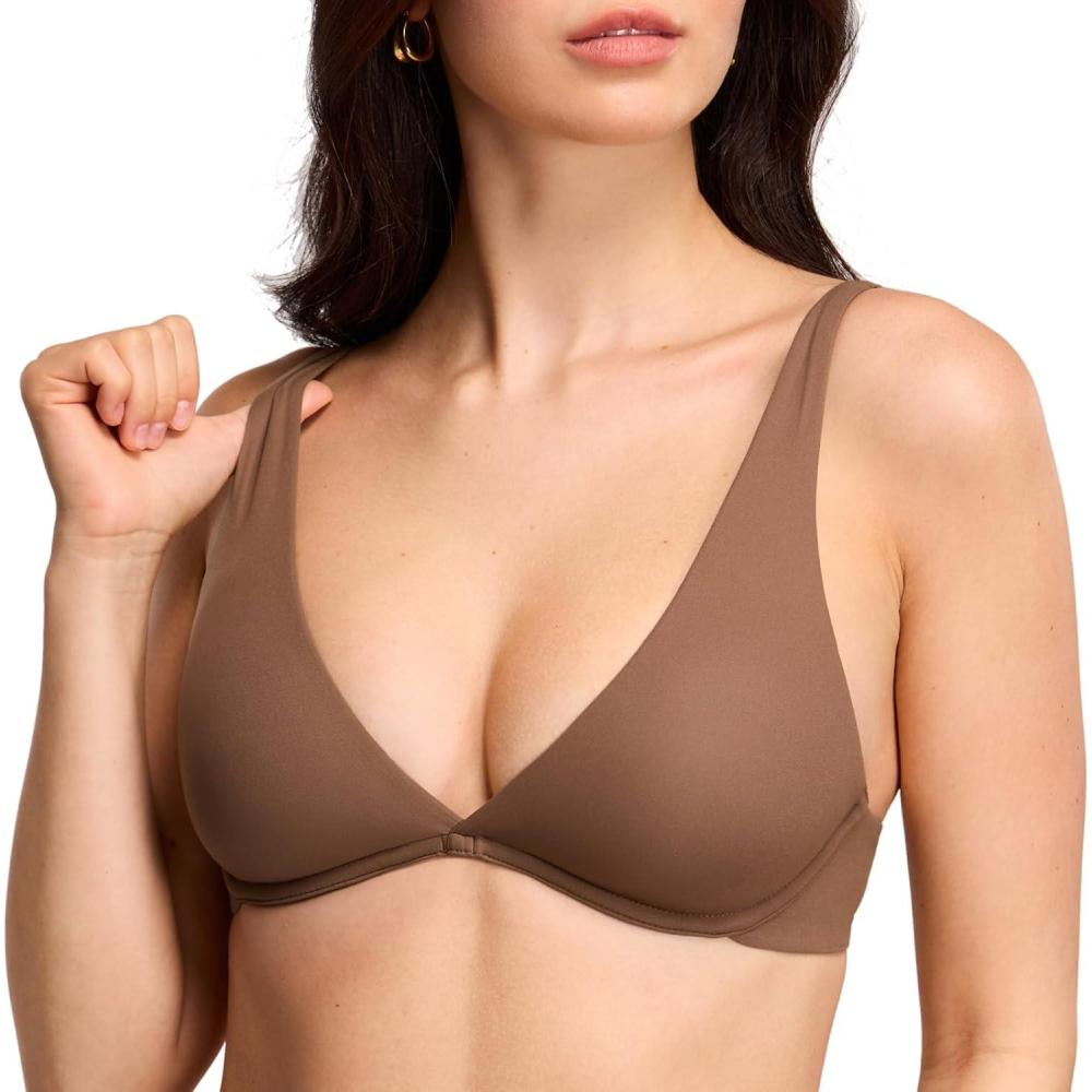 imageDOBREVA Womens Plunge Plus Size Unlined Bra Seamless Deep V Underwire Lounge Bras ComfortableSandalwood Brown2