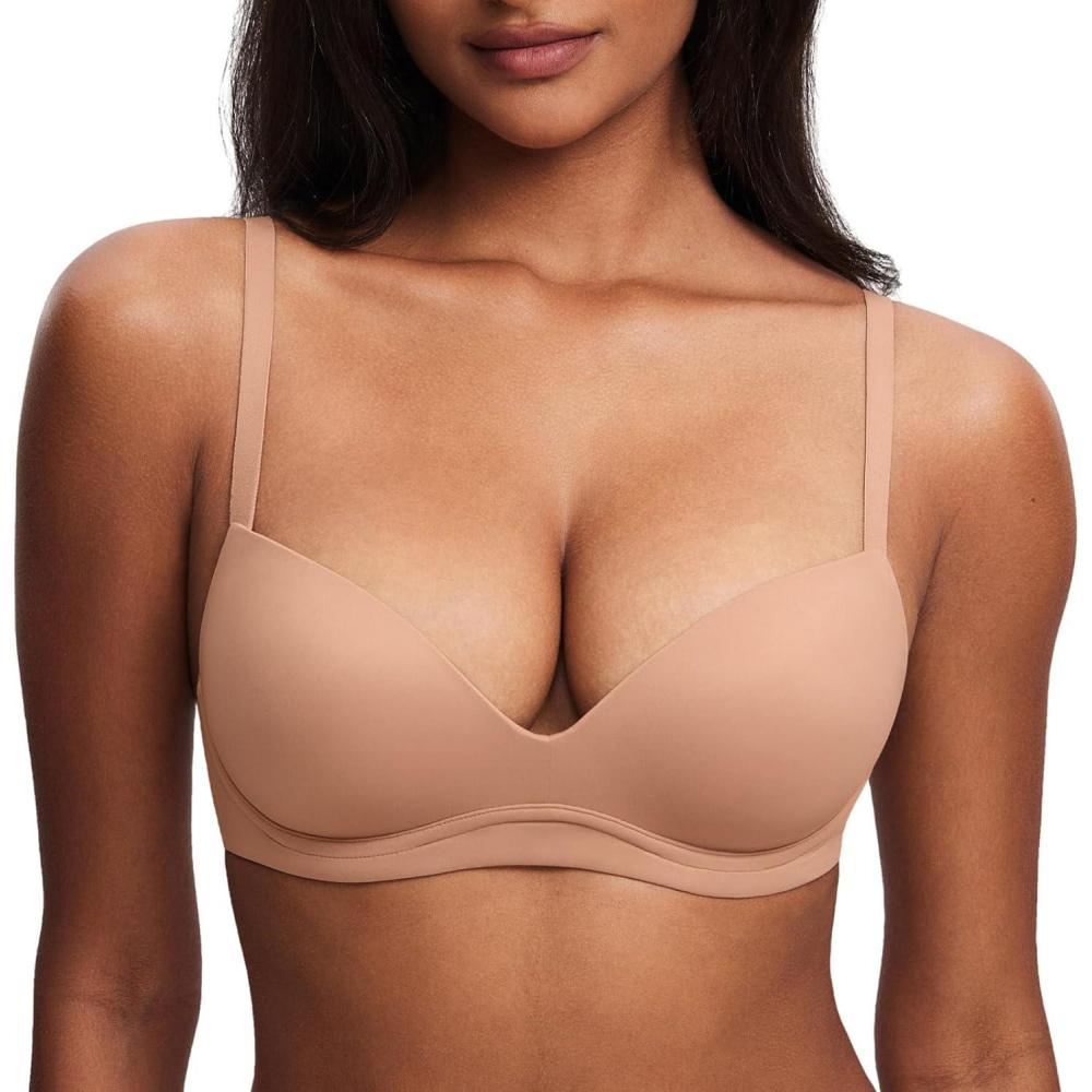 imageDOBREVA Womens Push Up Bra No Underwire Comfortable Wireless Bras Padded PlungeBarely Buff