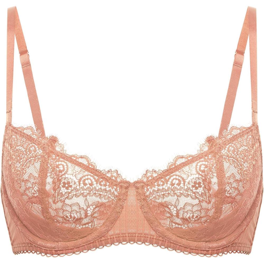 imageDOBREVA Womens Sexy Lace Push Up Plus Size Bra Sheer Balconette Underwire UnlinedCream Coffee