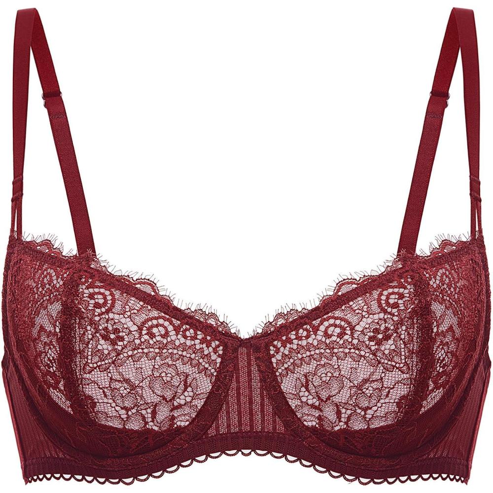 imageDOBREVA Womens Sexy Lace Push Up Plus Size Bra Sheer Balconette Underwire UnlinedDark Red