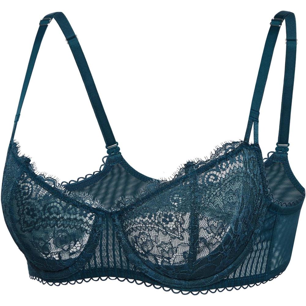imageDOBREVA Womens Sexy Lace Push Up Plus Size Bra Sheer Balconette Underwire UnlinedForest Dark Green