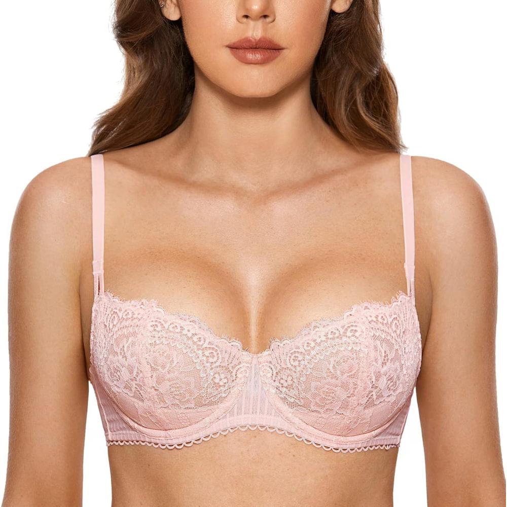 imageDOBREVA Womens Sexy Lace Push Up Plus Size Bra Sheer Balconette Underwire UnlinedGentle Rose