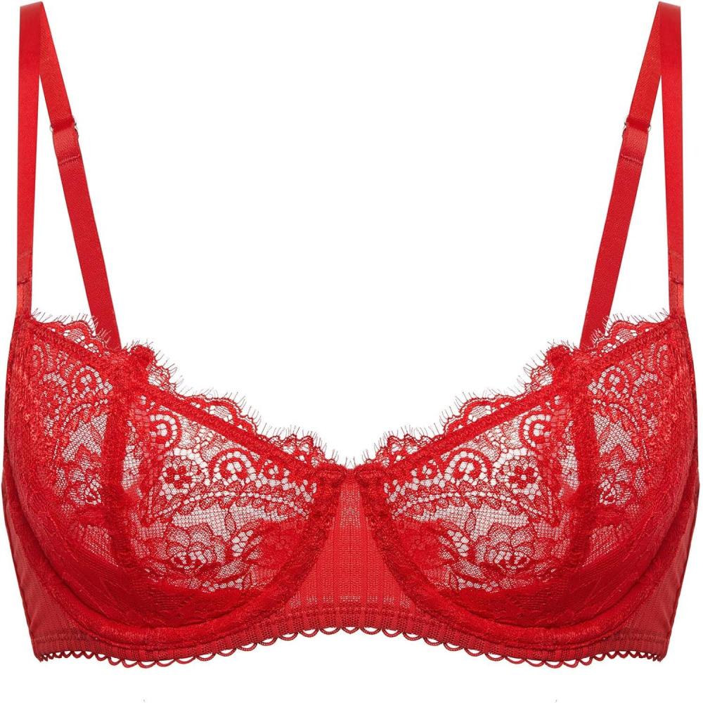 imageDOBREVA Womens Sexy Lace Push Up Plus Size Bra Sheer Balconette Underwire UnlinedLipstick Red