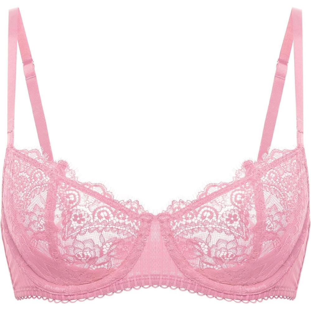 imageDOBREVA Womens Sexy Lace Push Up Plus Size Bra Sheer Balconette Underwire UnlinedPeach Pink