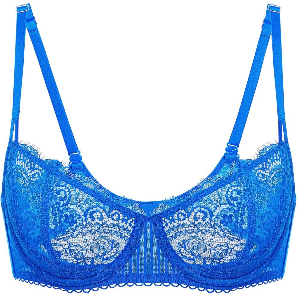 imageDOBREVA Womens Sexy Lace Push Up Plus Size Bra Sheer Balconette Underwire UnlinedSky Blue
