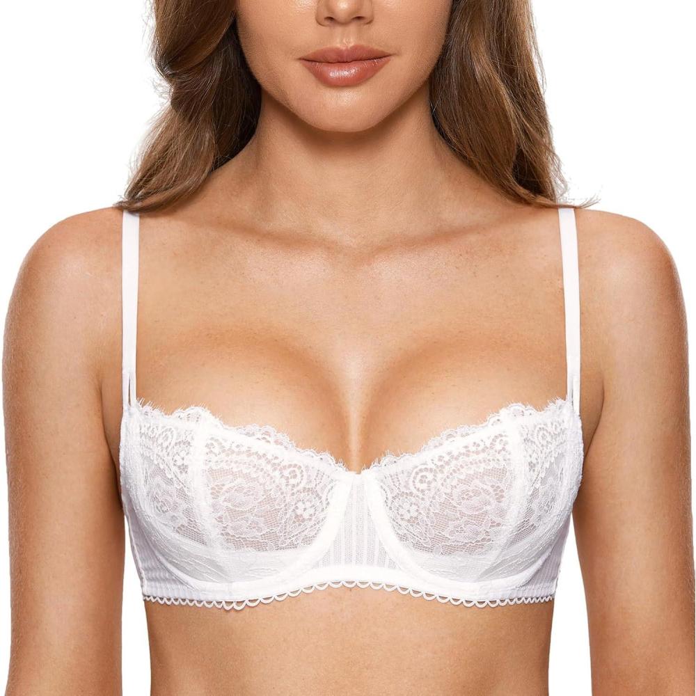 imageDOBREVA Womens Sexy Lace Push Up Plus Size Bra Sheer Balconette Underwire UnlinedWhite