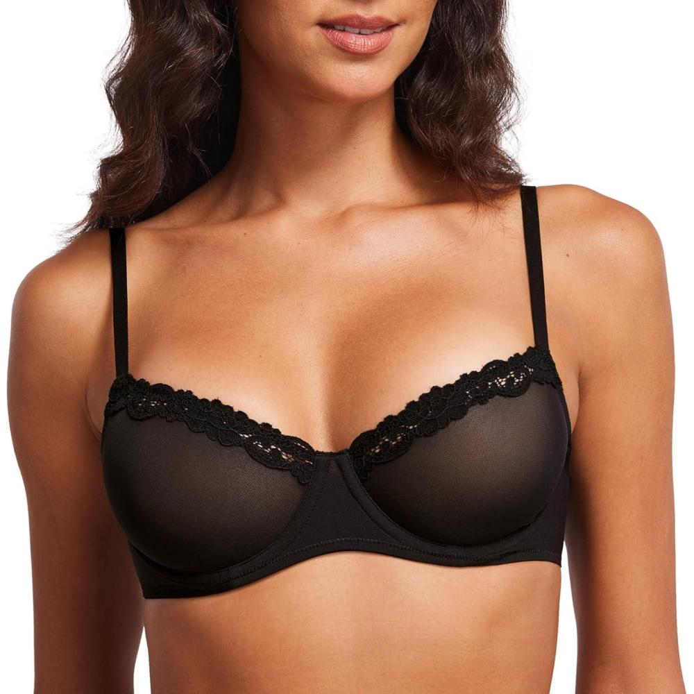 imageDOBREVA Womens Sheer Mesh Balconette Bra Sexy Unlined Demi Underwire Bras Lace Plus SizeBlack