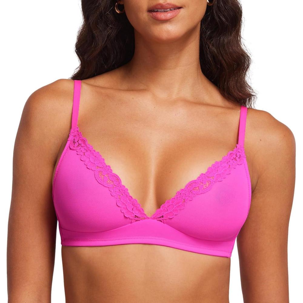 imageDOBREVA Womens Triangle Mesh Bralette Sexy Sheer Plunge Wireless Bra Lace TrimGlitter Rose