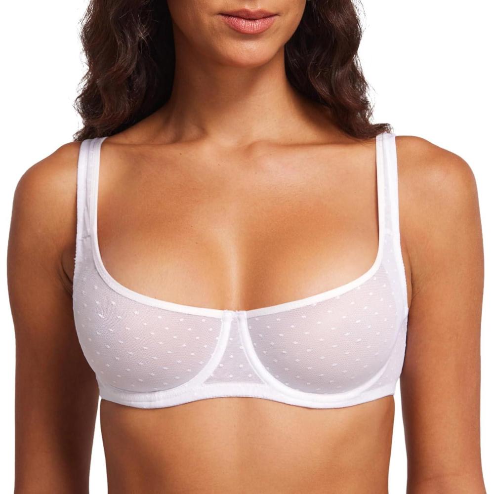 imageDOBREVA Womens Unlined Balconette Mesh Bra Square Neck Sheer See Through Underwire Bras Plus SizeWhite
