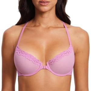 DOBREVA Women’s Mesh Front Closure Racerback Bra Lace Trim Unlined Underwire Sexy Plunge Sheer Bras Y Back(Barbie Powder – Sheer Mesh)