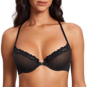 DOBREVA Women’s Mesh Front Closure Racerback Bra Lace Trim Unlined Underwire Sexy Plunge Sheer Bras Y Back(Black – Sheer Mesh)