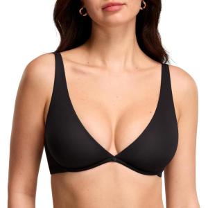 DOBREVA Women’s Plunge Plus Size Unlined Bra Seamless Deep V Underwire Lounge Bras Comfortable(Black)