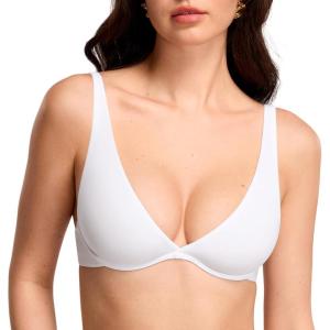 DOBREVA Women’s Plunge Plus Size Unlined Bra Seamless Deep V Underwire Lounge Bras Comfortable(White)