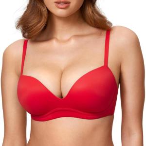 DOBREVA Women’s Push Up Bra No Underwire Comfortable Wireless Bras Padded Plunge(Deep Red)