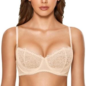 DOBREVA Women’s Sexy Lace Push Up Plus Size Bra Sheer Balconette Underwire Unlined(Beige)