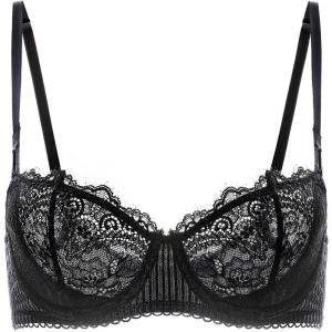 DOBREVA Women’s Sexy Lace Push Up Plus Size Bra Sheer Balconette Underwire Unlined(Black_eyelash Lace)