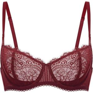 DOBREVA Women’s Sexy Lace Push Up Plus Size Bra Sheer Balconette Underwire Unlined(Dark Red)