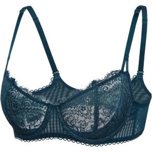 DOBREVA Women’s Sexy Lace Push Up Plus Size Bra Sheer Balconette Underwire Unlined(Forest Dark Green)