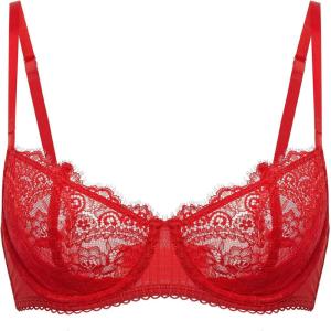 DOBREVA Women’s Sexy Lace Push Up Plus Size Bra Sheer Balconette Underwire Unlined(Lipstick Red)